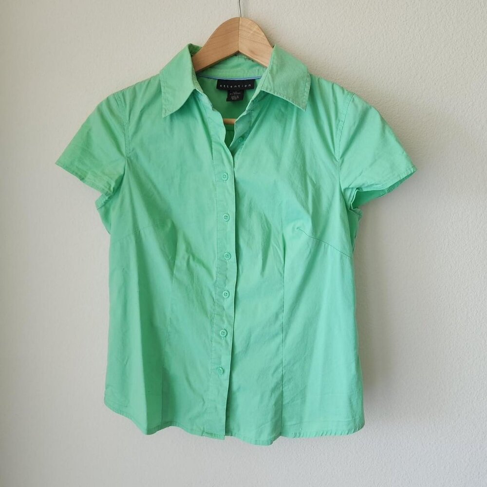 ATTENTION green collared shirt short sleeve button-up front Sz S preppy classic